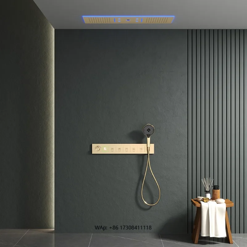 LED lighting brass shower system, rainy top spray mixing faucet set, constant temperature hidden top wall embedded shower set