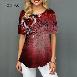 Women Floral Casual T-shirts Short Sleeve Round-Neck Loose Oversized Tops 3D Flower Printed Street Style Ladies Tees