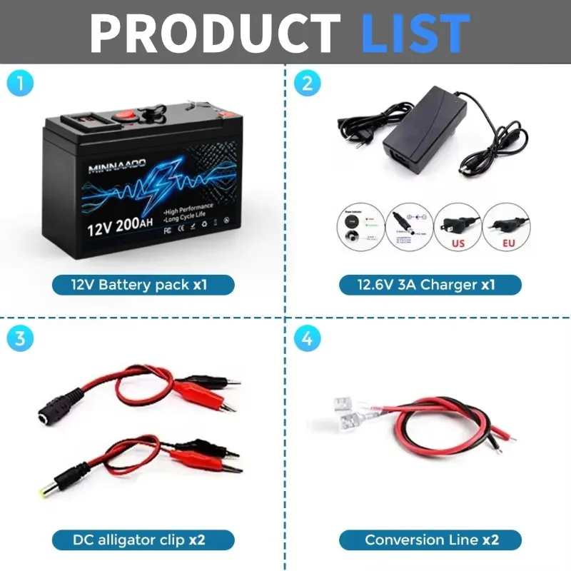 for Solar Fish Finder Power Wheel Boat Home RV 12V LiFePO4 Battery 200Ah Lithium Battery LiFeP04 with BMS 4000+ Cycles Perfect