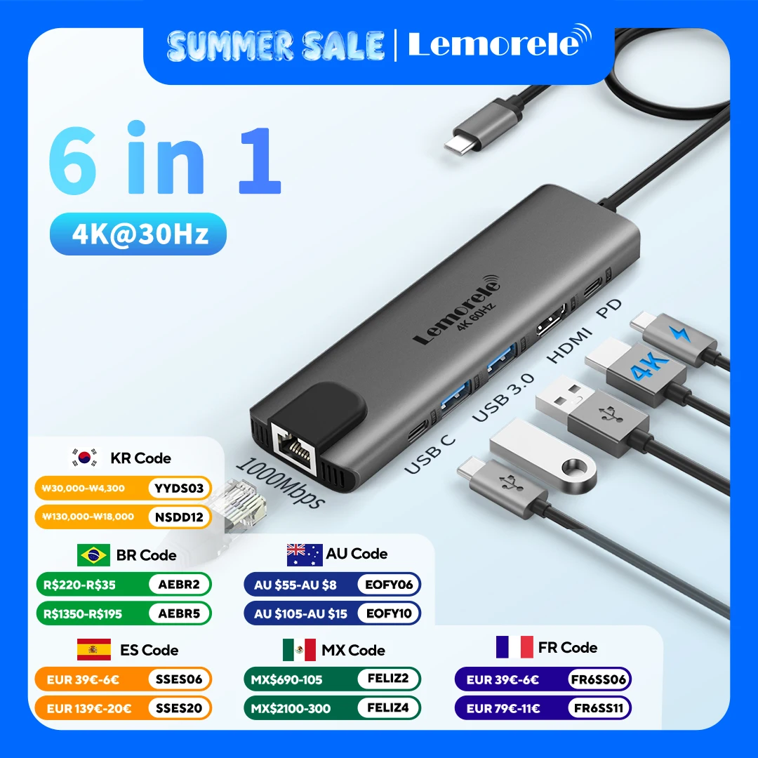 Lemorele TC44 USB 3.0 Hub 6-in-1 ports USB C Docking station Type C 3.0 5Gbps data transfer 4K@60HZ HDMI PD 100w for laptop Dell