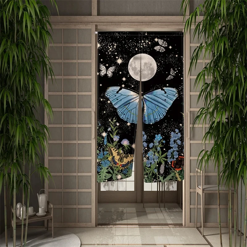 Butterfly Floral Door Curtain Japanese Noren Doorway Izakaya Cafe Partition Curtains Kitchen Bedroom Home Hanging Half-Curtains