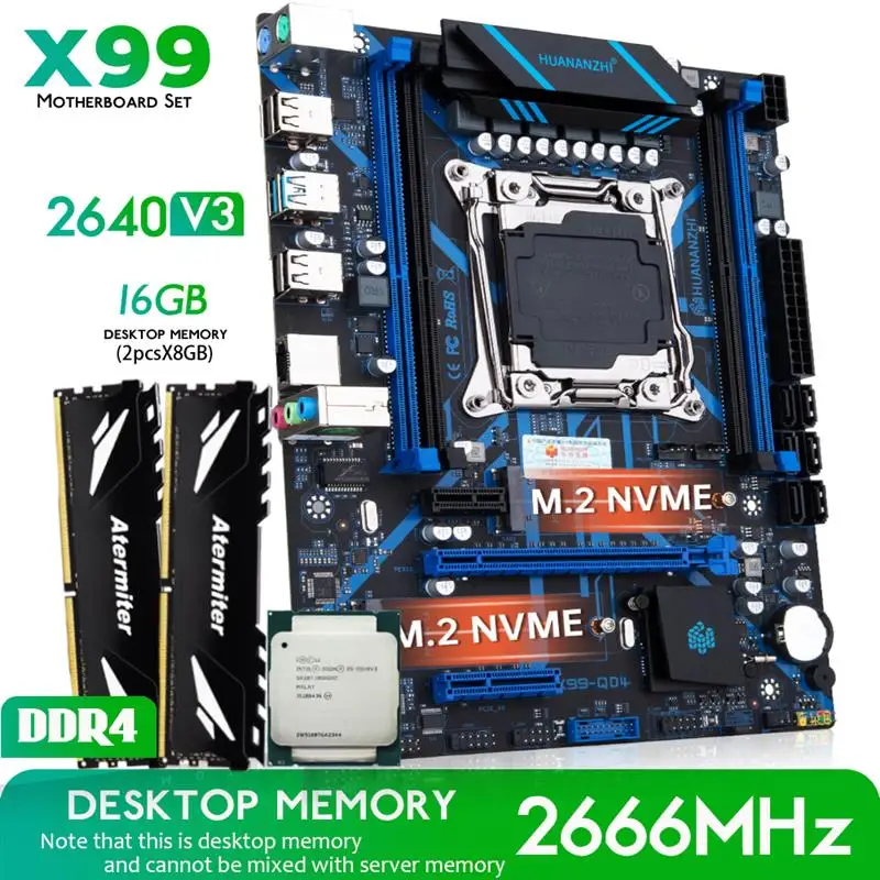 New HUANANZHI X99 QD4 X99 Motherboard with combo kit set XEON E5 2640 V3 16GB 2666MHz (2*8G) DDR4 Desktop Memory NVME NGFF USB