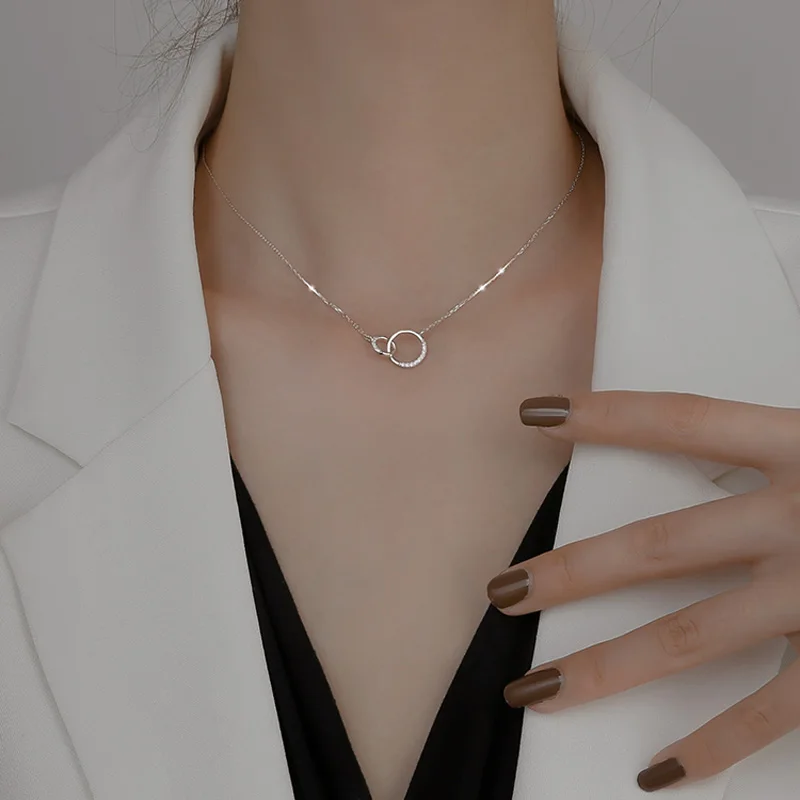 Neue S925 Silber Runde Halsband Zirkon Für Frauen Mode Kette Minimalistischen Dainty Doppel Kreis Anhänger Halskette Hals Edlen Schmuck – Detail 13