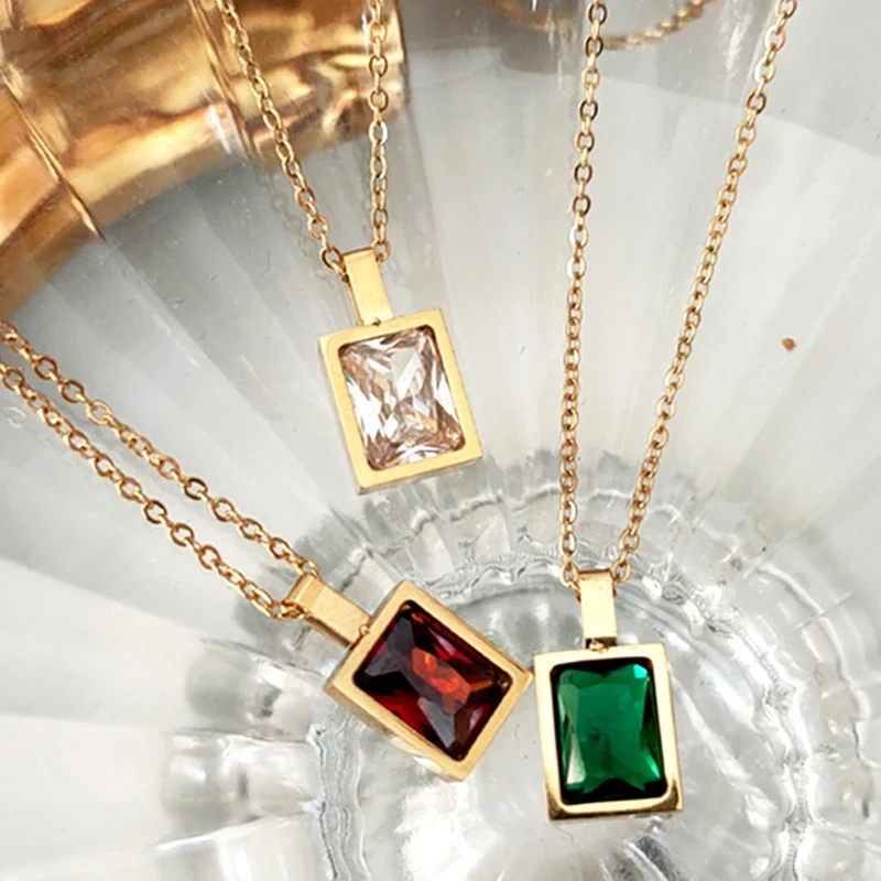 Green Zircon Square Droplet Flower Pendant Necklace For Women Metal Gold Plated Snake Chain Choker Clavicle Necklace Jewelry