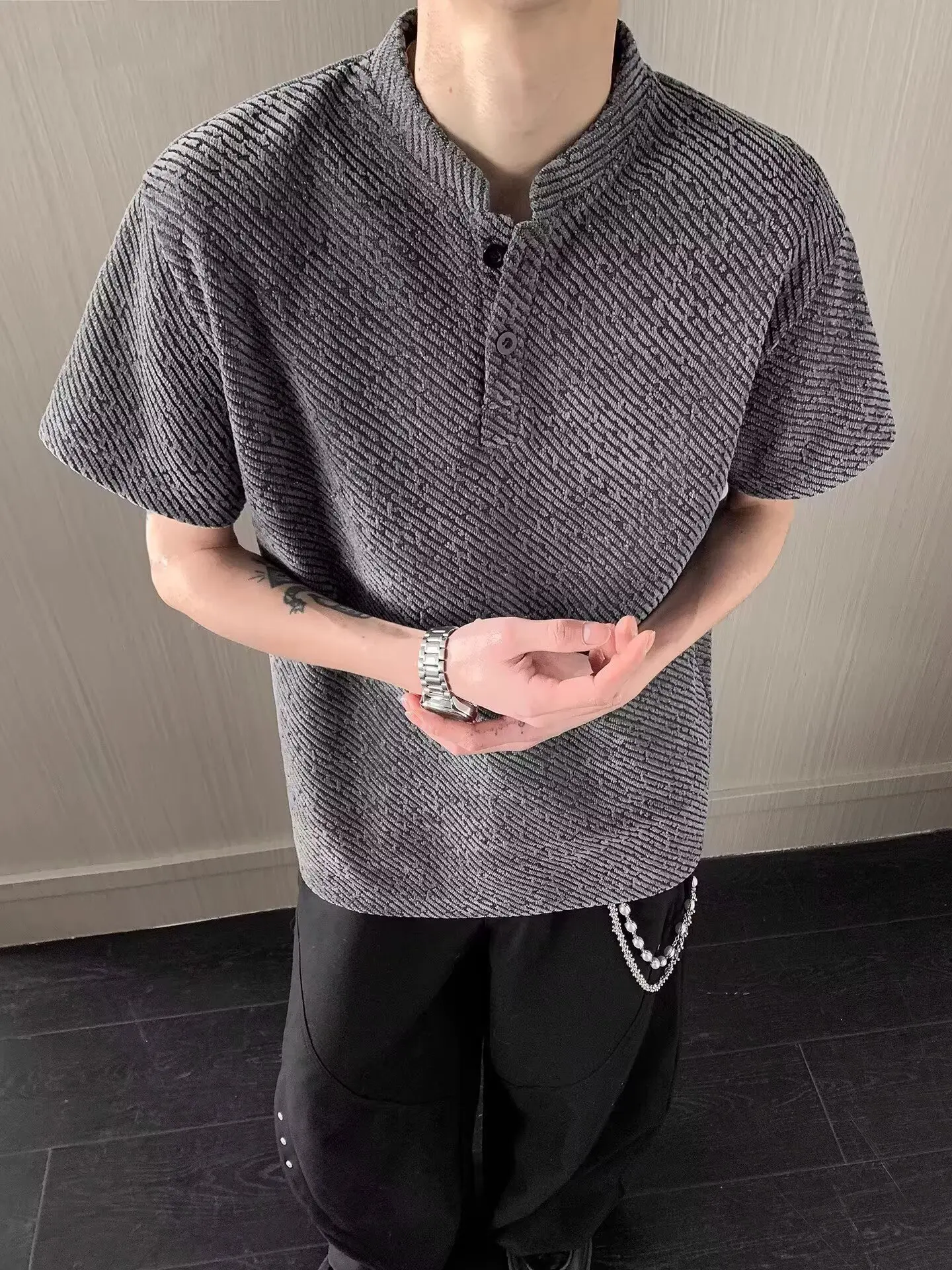 

Men's Summer Shirt Stand Collar Heavyweight Short Sleeve Striped Loose Fit Comfortable Soft Polyester Casual Style