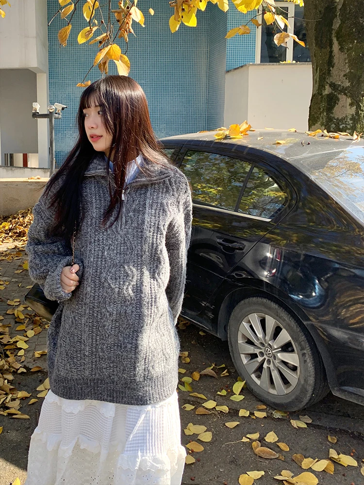 

Вязаный свитер NIDEBLA на молнии, оверсайз, для женщин, зимний, свободный, вязаный топ, длинный, в уличном стиле, свободного кроя