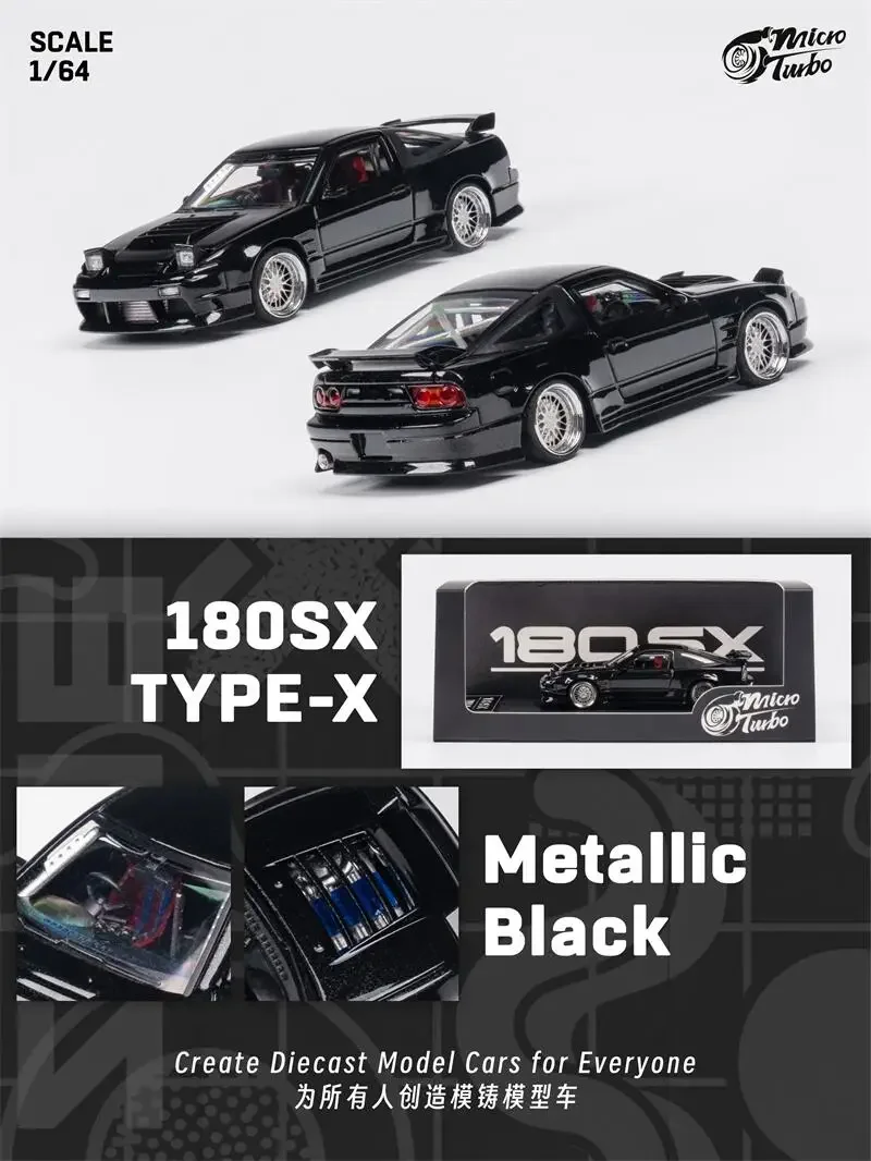 Micro Turbo MT 1:64 180SX TPYE-X metallic zwarte gegoten modelauto