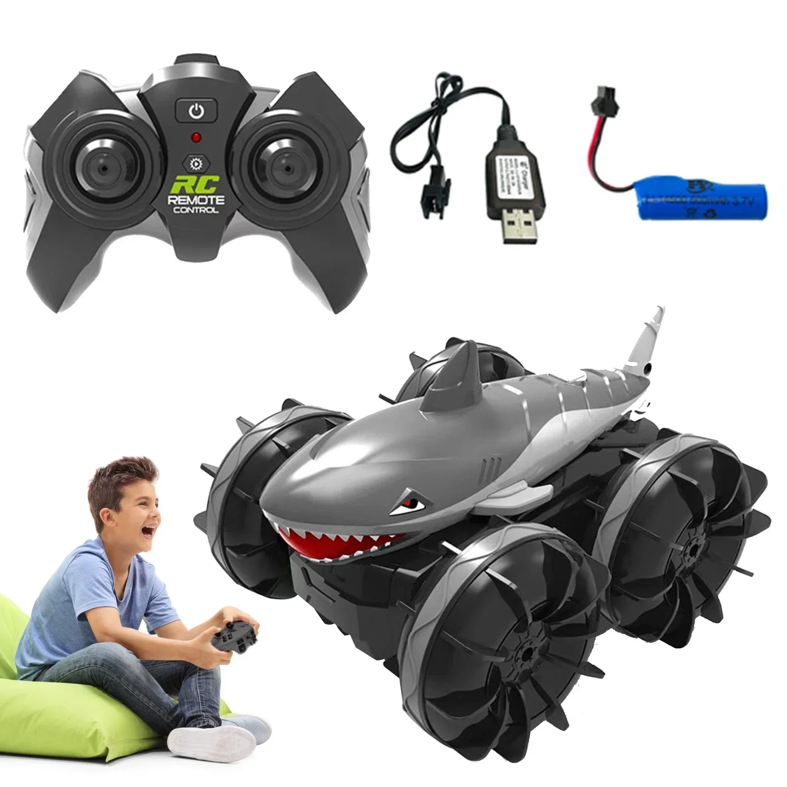 Remote Control Amphibious Car Unique 2.4Ghz Water-resistant RC Truck Stunt Car Shark Shape Stunt Pool Toy Off Road All Terrain