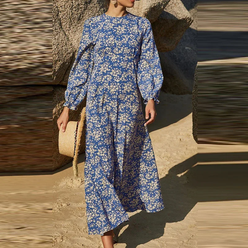 Vintage Floral Print Schlank Bohemian Kleid Frauen Mode Rundhals Lange Party Kleid Herbst Langarm Strand Maxi Kleider Vestido