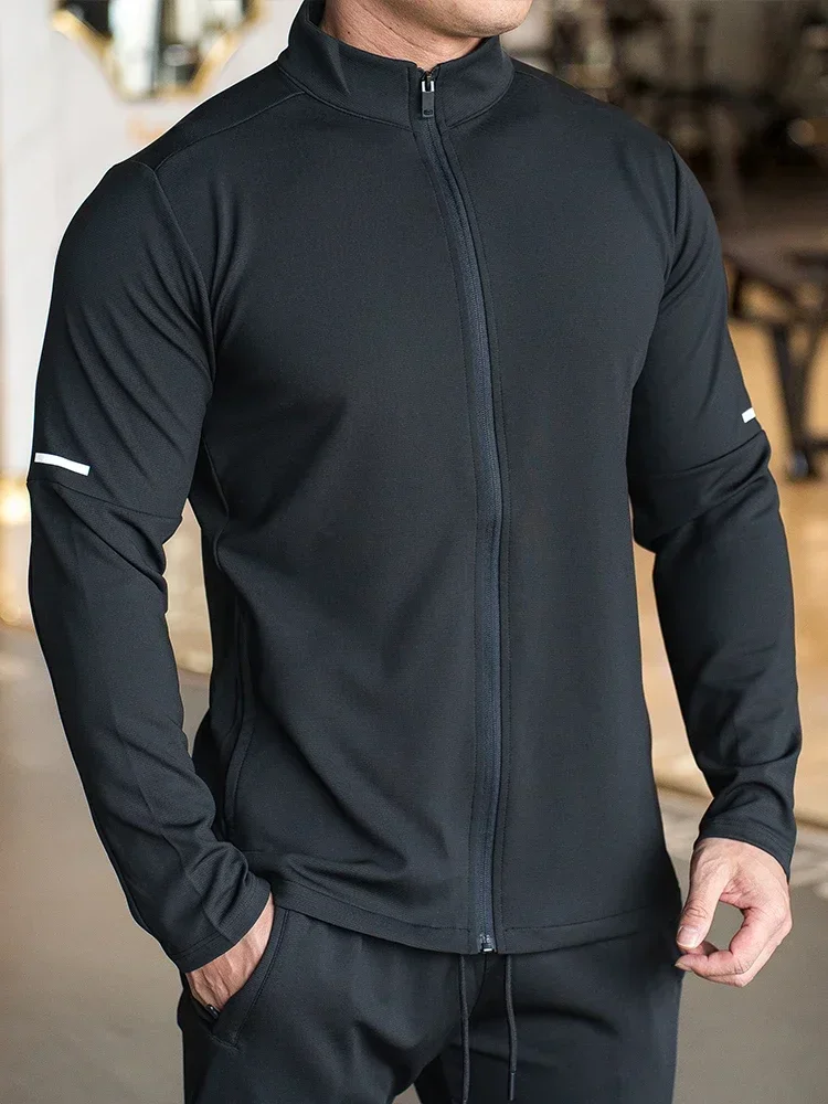 Sport Fitness Casual da uomo top manica lunga colletto alla coreana giacca tinta unita felpa da allenamento da Jogging con Zip Running