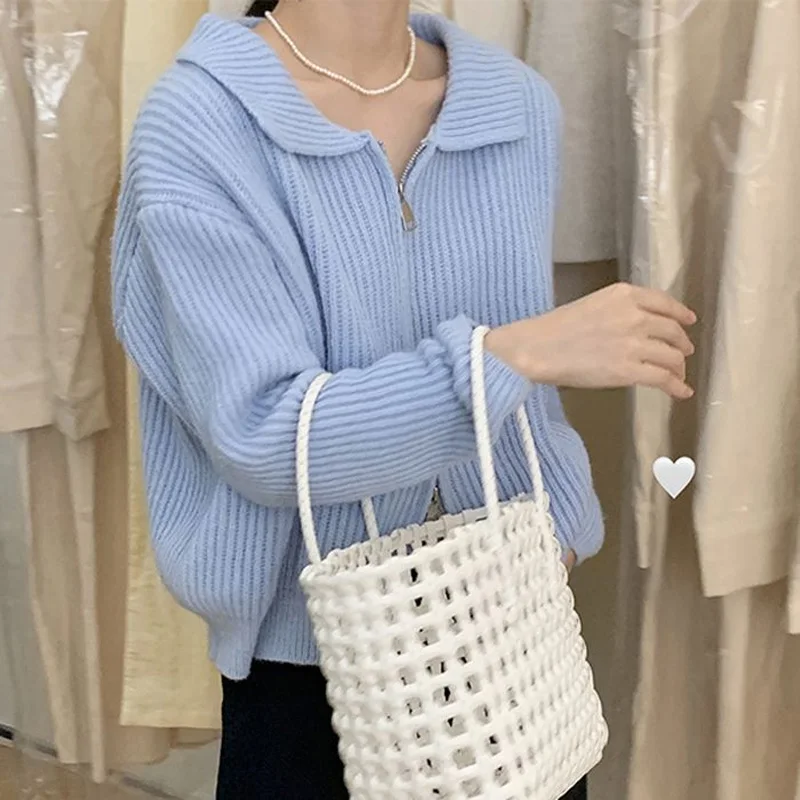 Autumn Fashion New Solid Color Zipper Knitting Shirt Women Classic Long Sleeve Coat Square Collar Loose Korean Lady Sweater 2022