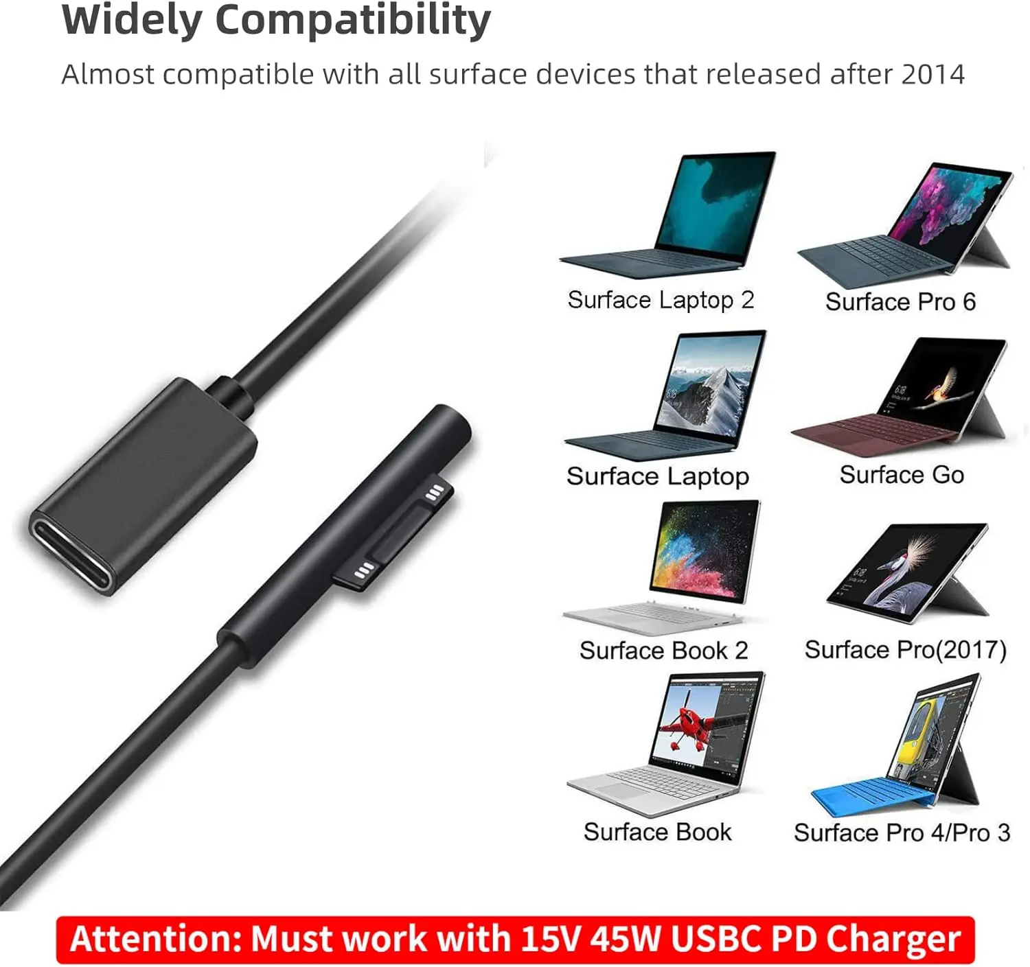 كابل carga superficie a USB C (hembra USB-C، 20 سم)، متوافق مع Microsoft Surface Pro 7/6/5/4/3 Go3/2/1 portátil 4/3/2/1