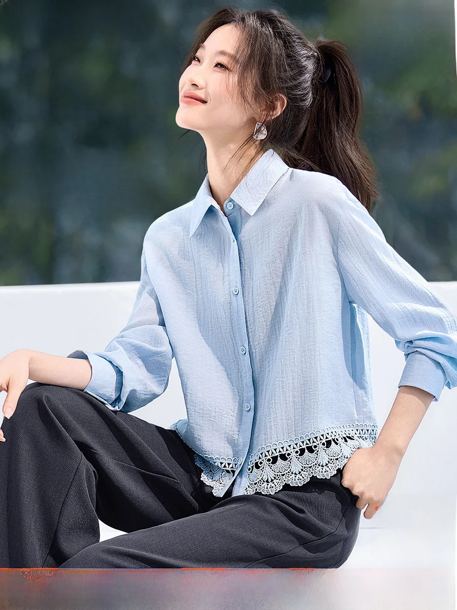 

Женская блузка Mehemei с кружевными вставками, дышащая, приятная к телу, универсальная, весна 2026, французский стиль, с длинными рукавами и воротником