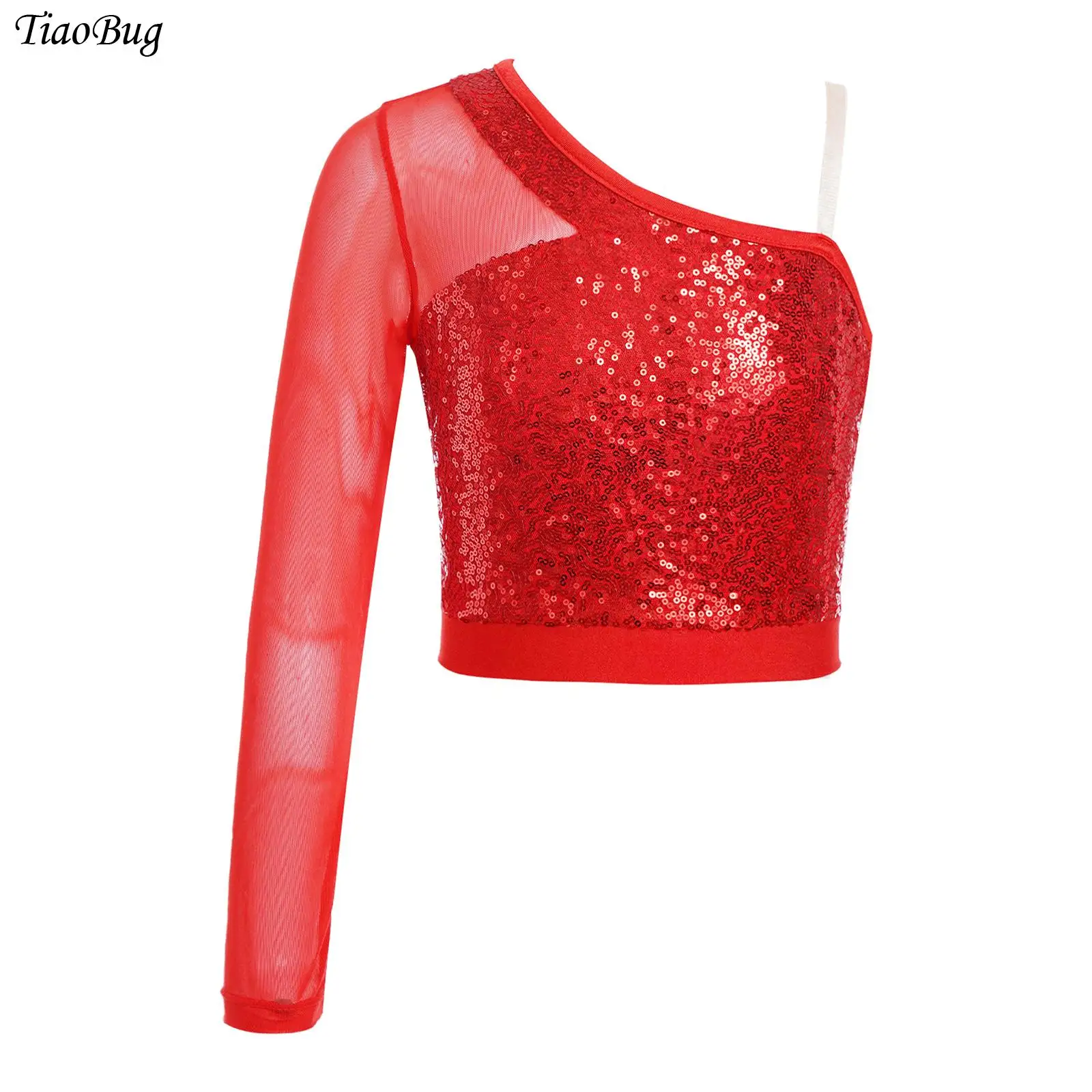 

Kid Girls Shiny Sequin T-shirt Jazz Dance Top Sheer Mesh Long Sleeve One Shoulder Crop Top Cheerleading Dance Costume Streetwear