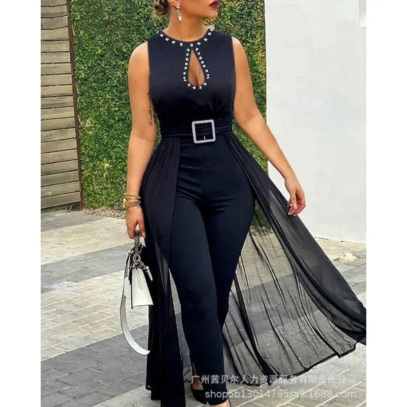 Lace High Waist Jumpsuits Sheer Mesh Trend Decorative Rivets Jumpsuit Rompers Women Sexy Sleeveless Overlay Skinny Jumpsuit