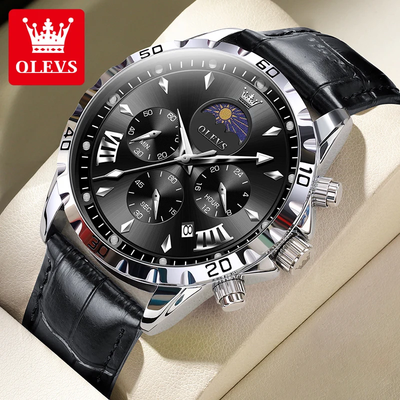 OLEVS 2949 Original Men's Watches Exclusive Design Chronograph Moon Phase Waterproof Leather strap Trend Male Wristwatches