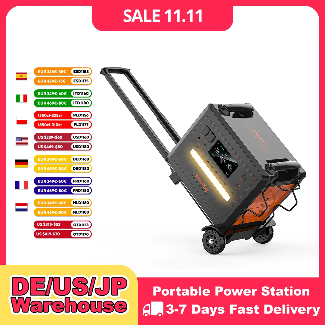 SOLARPLAY LiFePO4 Portable Energy Storage Power Station Q2402M 2304Wh 2500W Large Capacity Home Battery Version Outdoor Camping Off-Grid Power Supply with Trolley