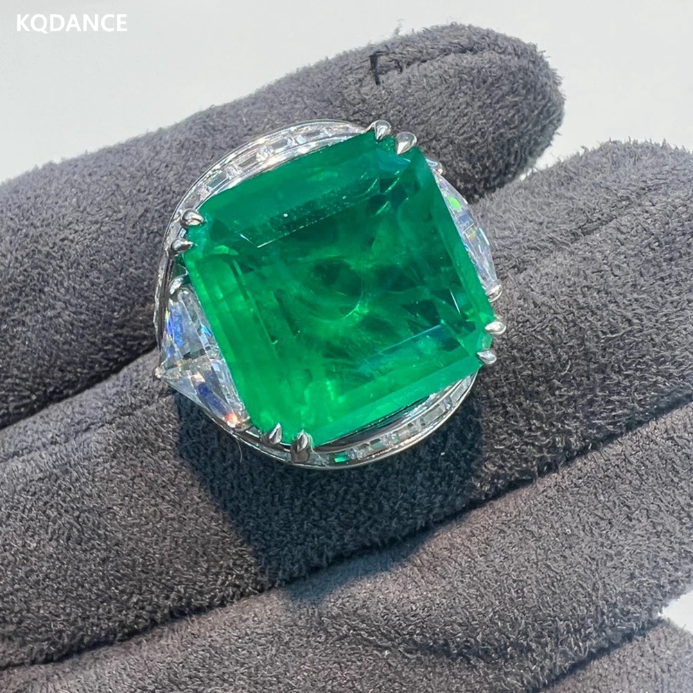 

KQDANCE Luxury Craft 925 Sterling Silver High Carbon Diamond With Large Square Green Created Emerald Gemstone Rings Fine Jewelry