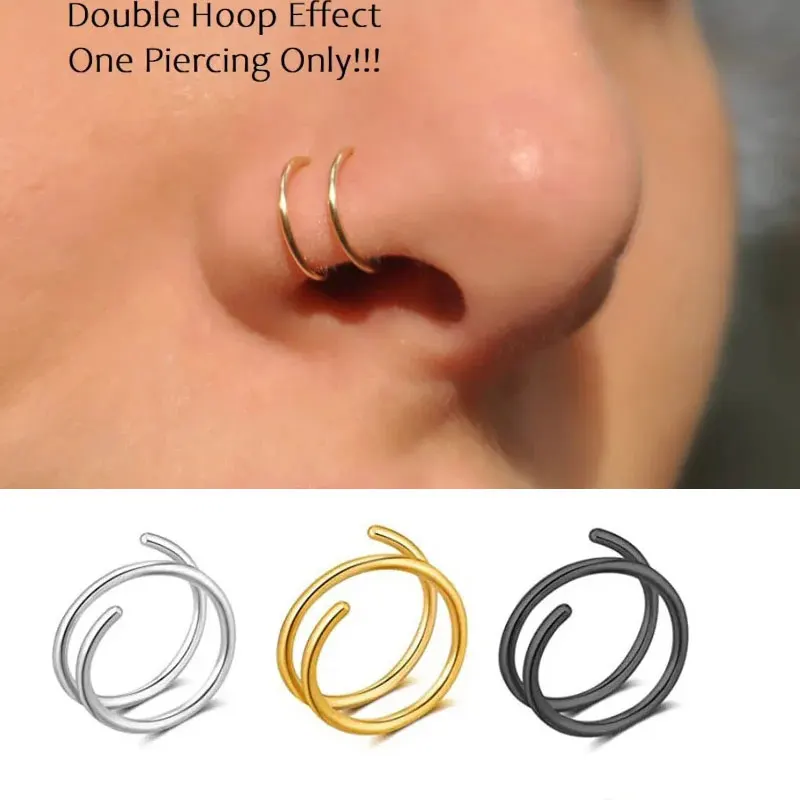 1PC Stainless Steel Double Layers Nose Ring for Single Piercing Women Men Twist Nose Hoop Spiral Nose Ring Earrings Jewelry 20g