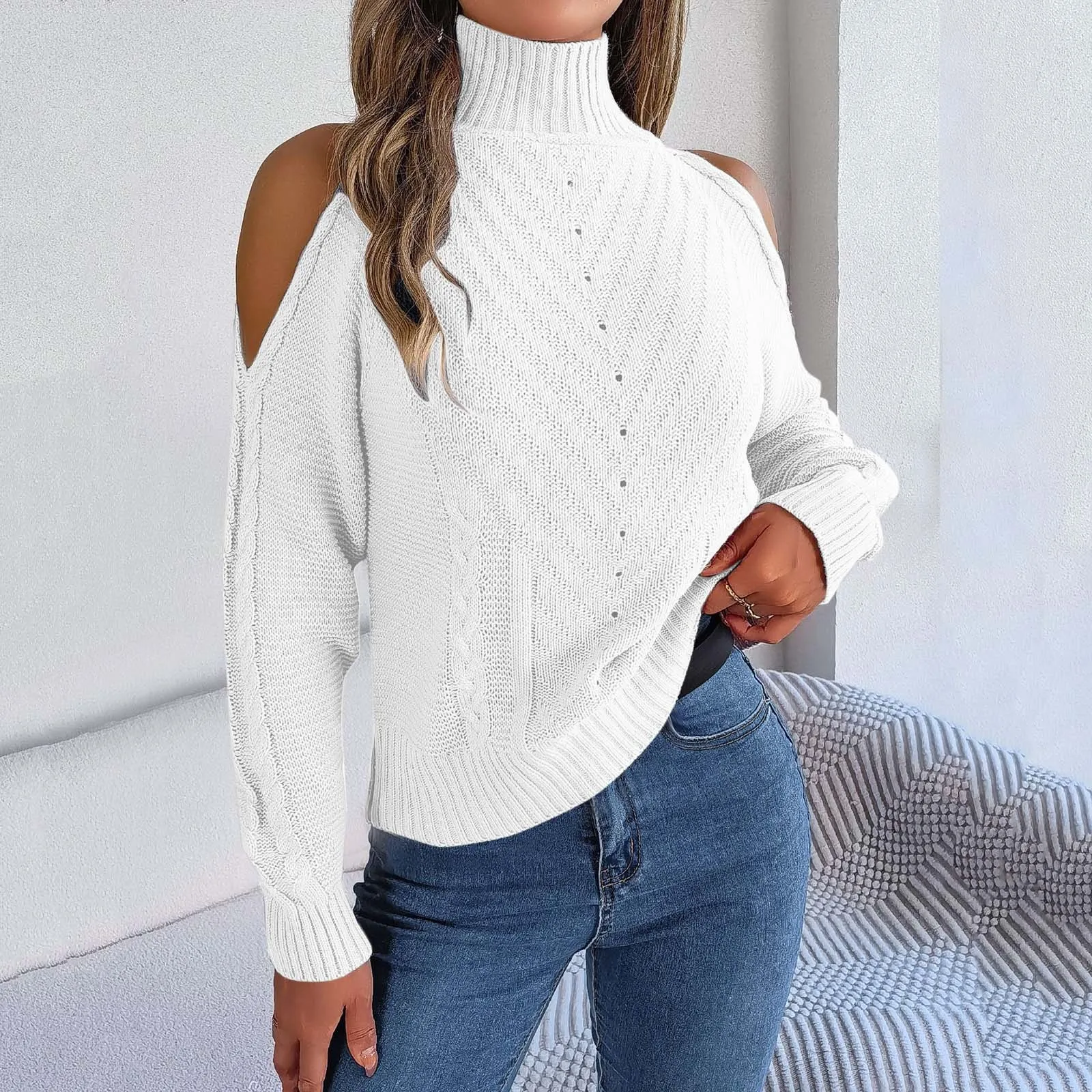 Elegant Turtleneck Cold Shoulder Jumpers Knitted Loose Bare Shoulder Sweater Women Autumn Winter Fashion Pullovers Streetwear