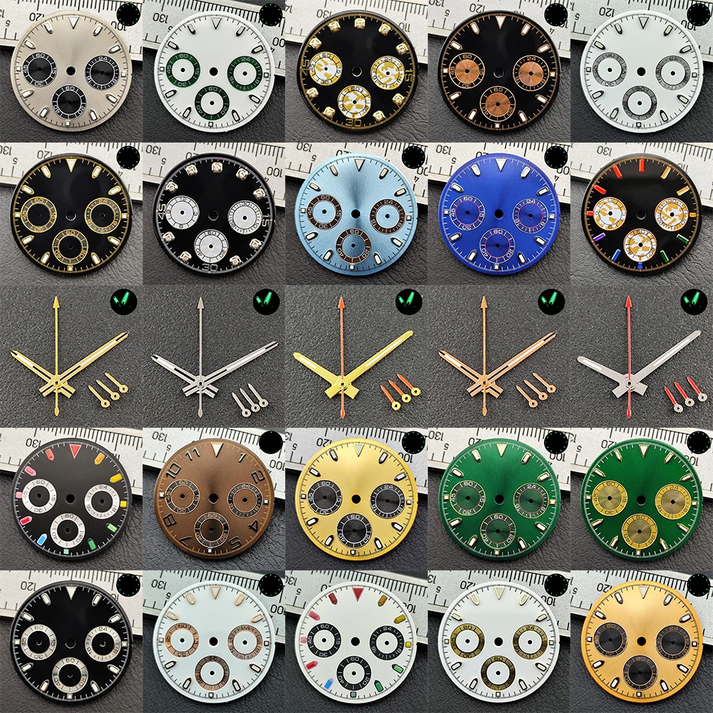 Black 29mm VK63 Dial Green Luminous Fit VK63 Quartz Movement Dial and Hands Custom Logo Dial Watch Hands Accessories.