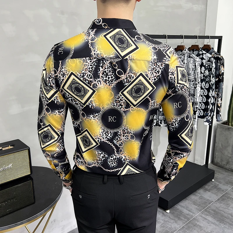 6XL Vintage Long Sleeve Mens Shirt Autumn British Style Slim Fit Leopard Printed Male Shirts Blouses Streetwear Social Nightclub