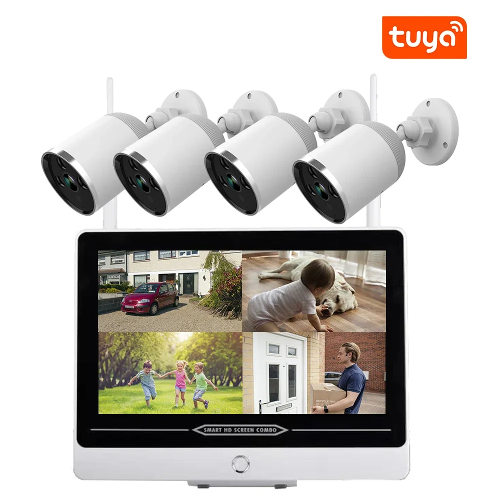 モーション検知 1080p 防水 ワイヤレス セキュリティシステムキット 4ch Wifi CCTVカメラ NVR付き