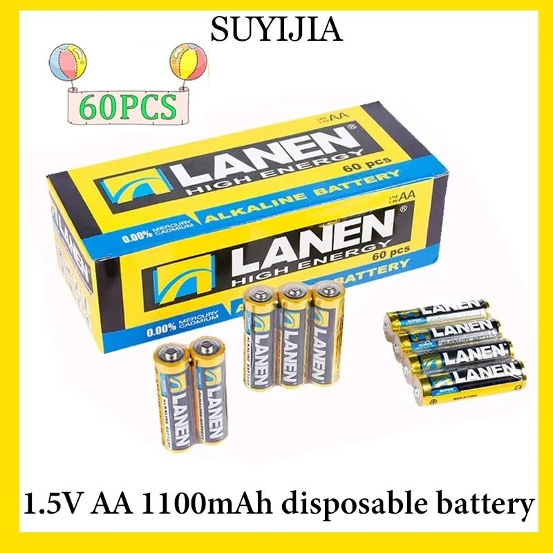 60PCS 1.5V AA 1100mAh Disposable Alkaline Carbon Battery for LED Light Toy Camera Flash Shaver CD Player Keyboard Mouse Wireless