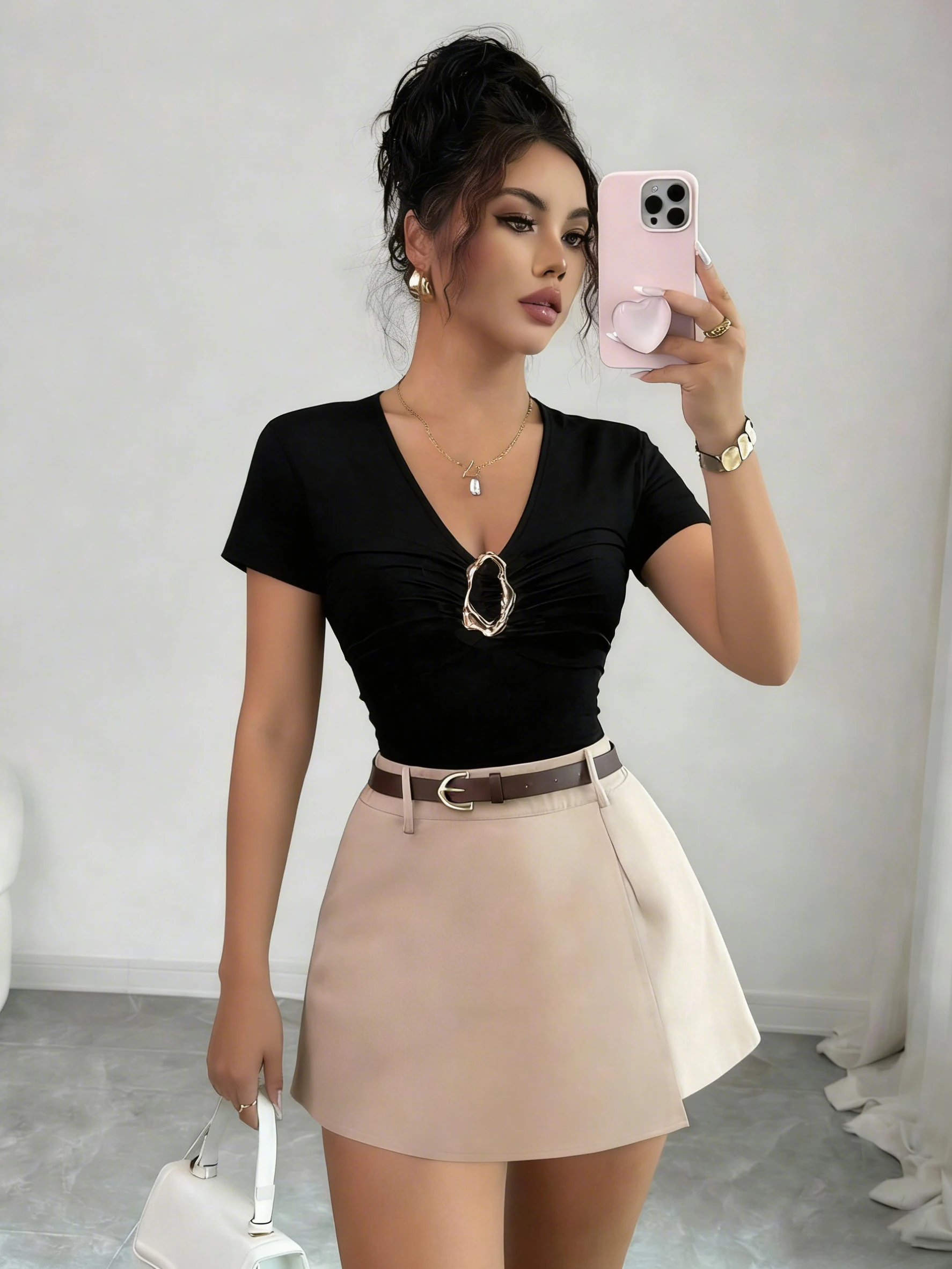 Ladies Elegant Decorative Button T-Shirt Shorts Set Fashionable Casual Outfit Women's Clothing Combo