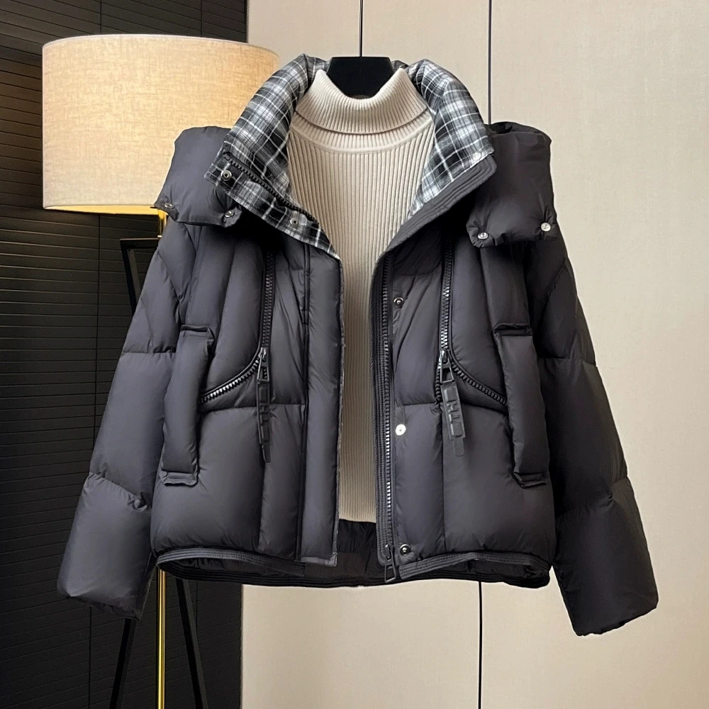 패션 후드 숏 다운 재킷 여성용 두꺼운 숏 코트 배색 신상 한국 버전 화이트 덕 다운 겨울 코트 2025