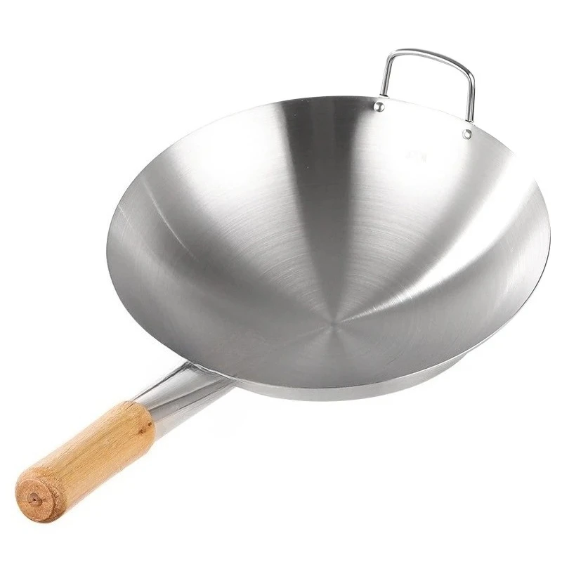 Durable Stainless Steel Wok,Brushed Polished,Beech Handle,Kitchen Cookware for Gas Stoves,Portable Chef Cooking Pot