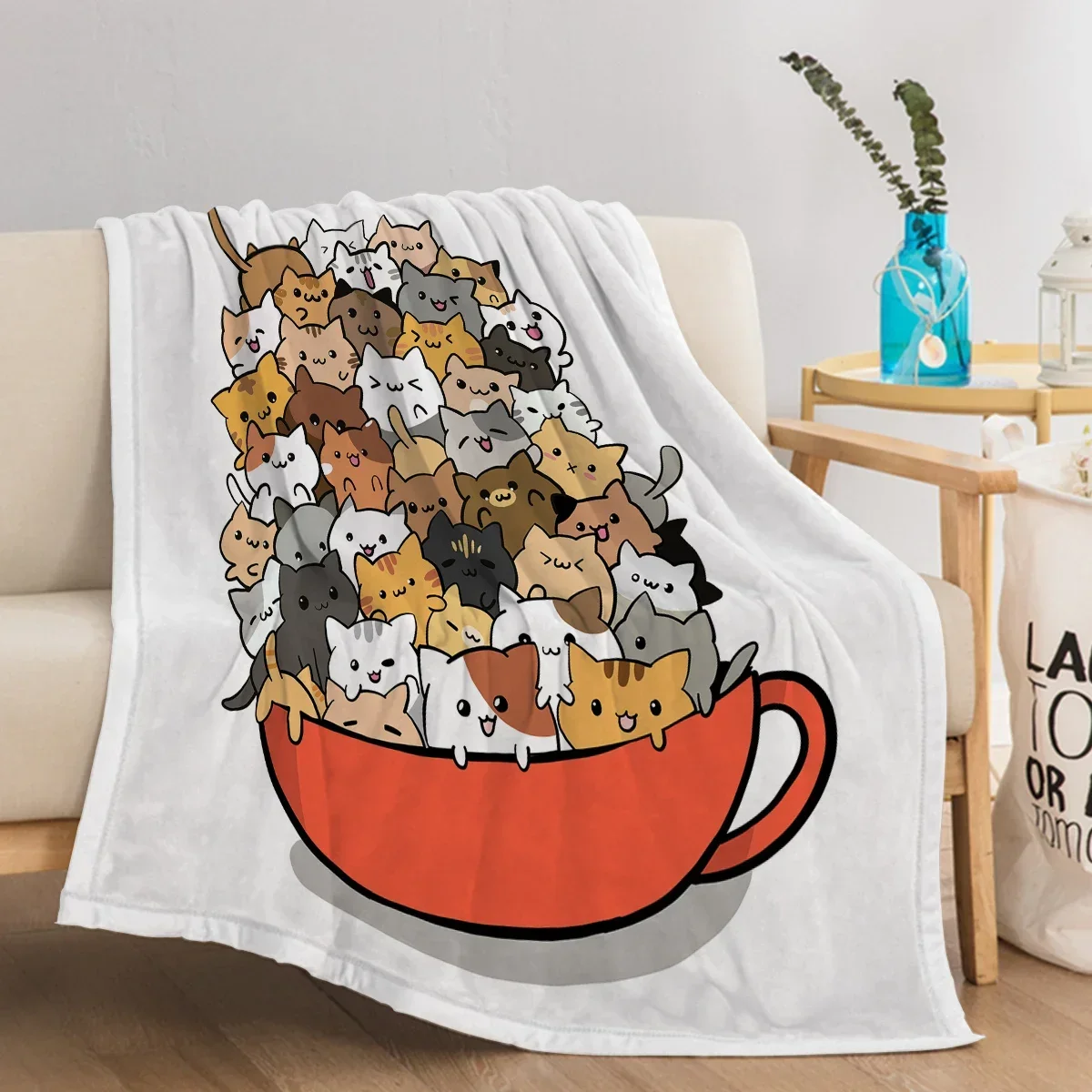 Cat In A Teacup Printed Throw Blanket Plush Fluffy Flannel Fleece Blanket Soft Throws for Sofa Couch and Bed