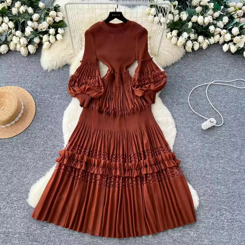 

Miyake Fashion Court Style Red Lantern Sleeve Lace Splicing Long Dress Strap Waist A Word Women's Skinny Pleated Skirt