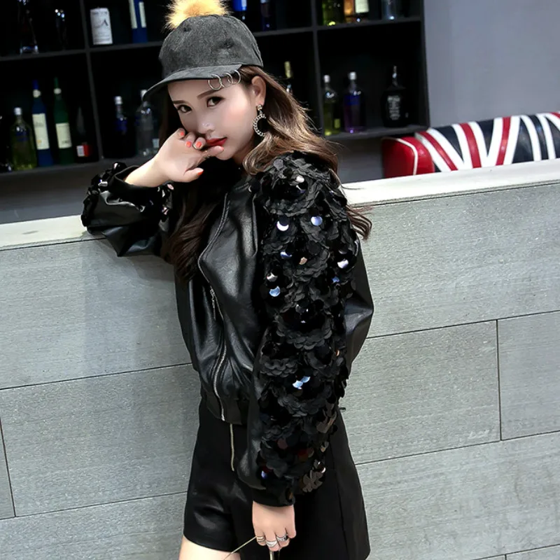 3D Flower Sequins Bomber Faux Leather Beading Zipper Motorcycle jacket Loose PU Stitching Baseball Coat Beading Cardigan Tops