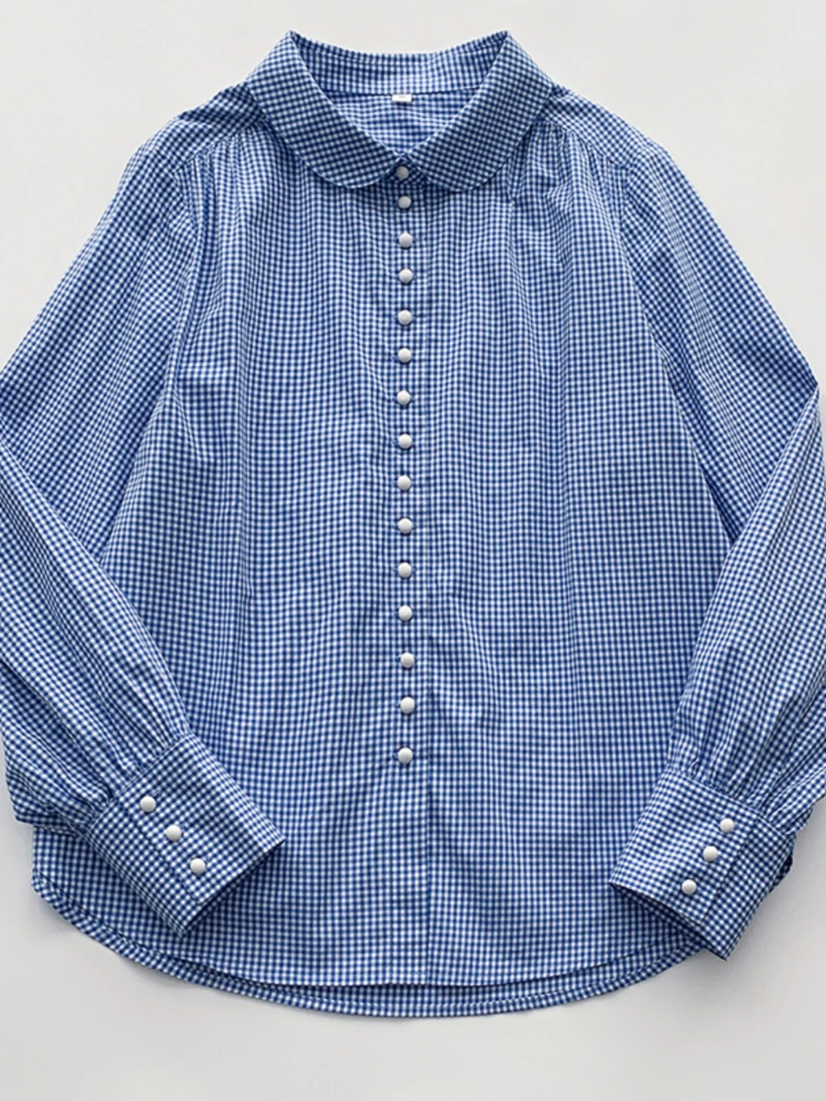 Retro japanisches blau-weiß kariertes lockeres langes Sve Damen irt Peter Pan Kragen künstlerisches Sle Frühling Sommer faionable Top