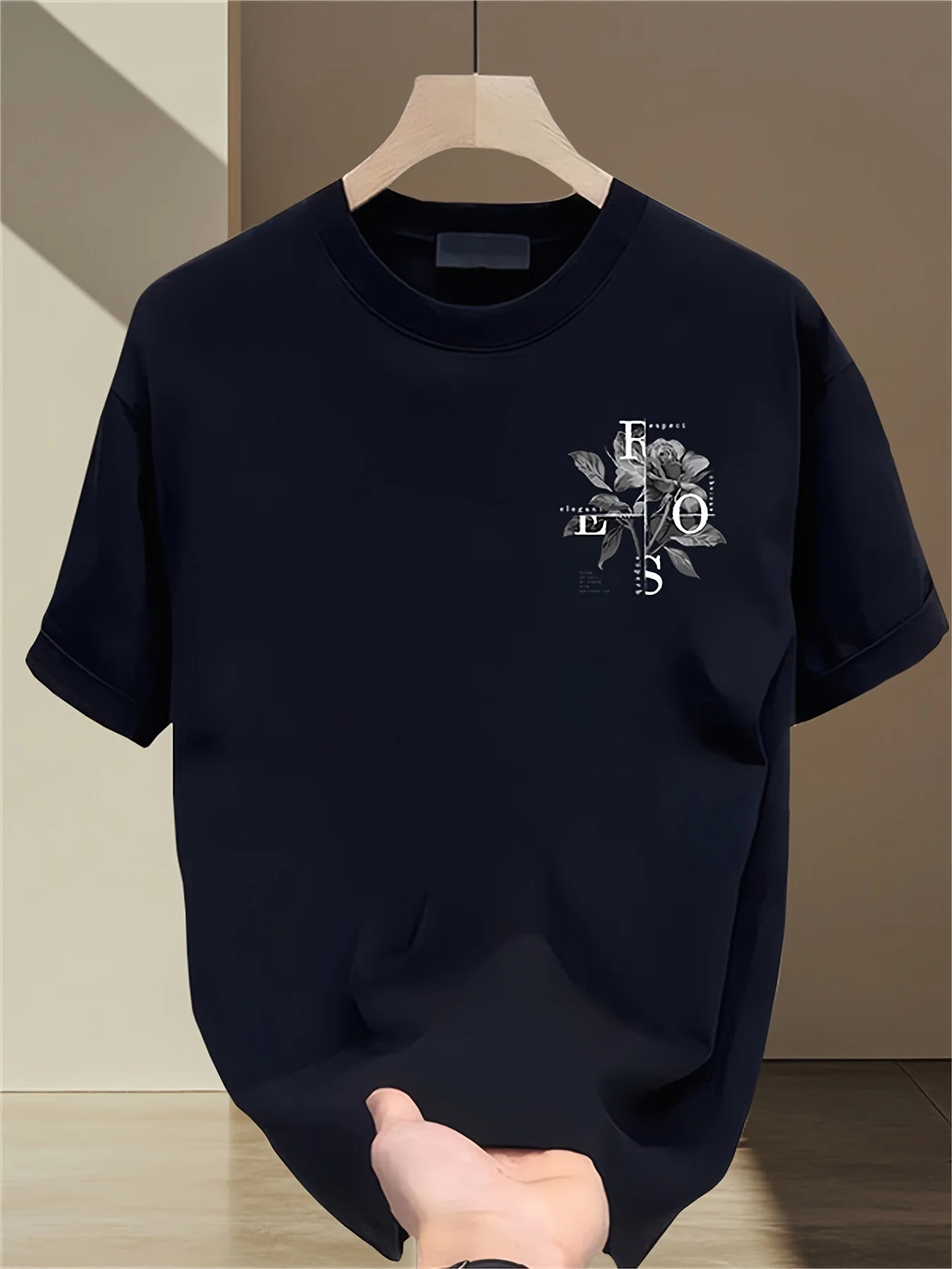 Stylisches Herren-T-Shirt, 100% Baumwolle, Bedrucktes Rosenmuster, Lässig, Bequem, Vielseitig, Trendig, Locker Geschnitten – Detail 6