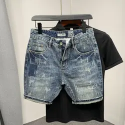 New Men's Summer Flip Stretch Denim Blue Shorts Fashion Social 5 Points British Slim Fit Short Jeans Male Shorts