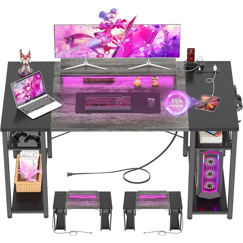 

Computer Desk with LED Lights,55 Inch Desk and USB, Reversible Large Desks Moveable Gaming PC Table for Home Office,Grey Black