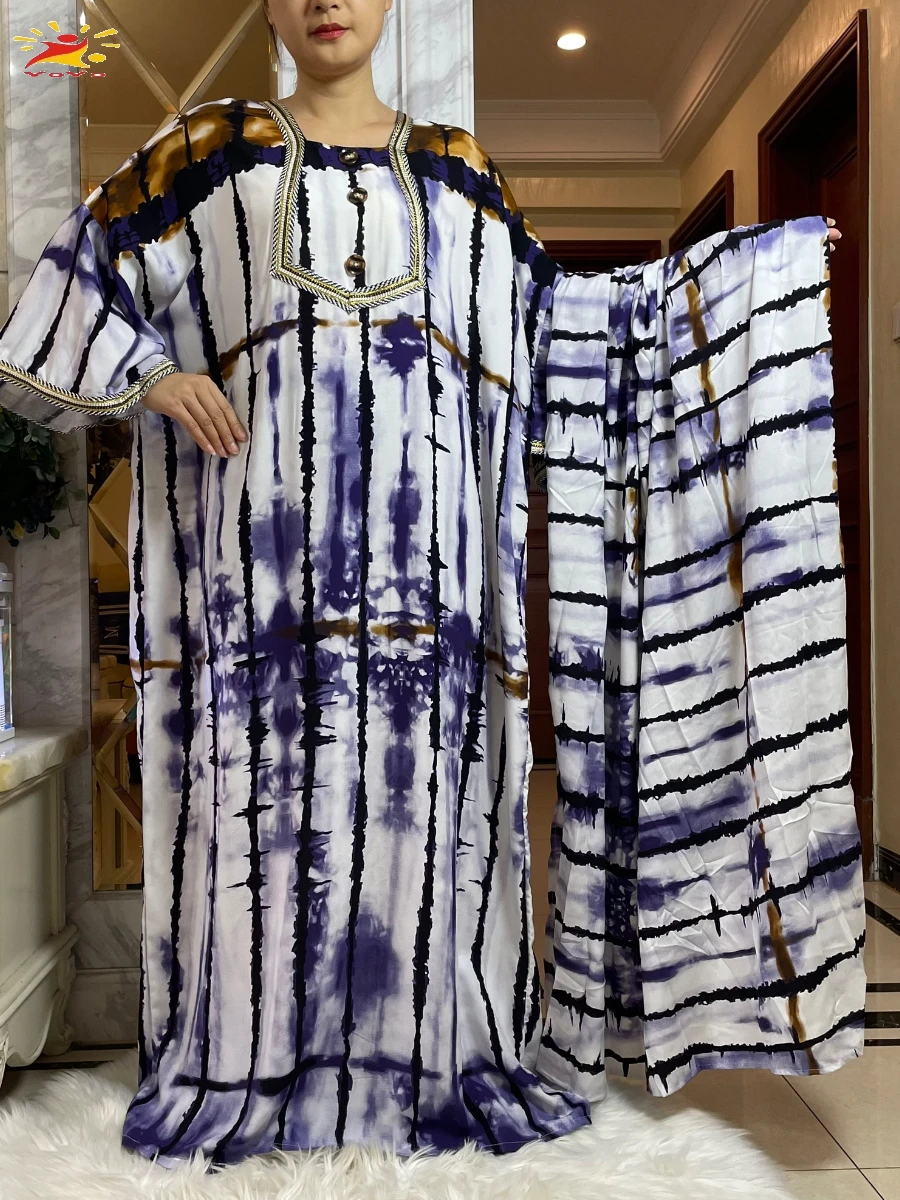 2025 무슬림 여성용 코튼 아바야, 다시키 루즈 드레스, 배트윙 슬리브, 여성용 로브 부부, 아프리카 이슬람 드레스 (헤드스카프 포함)