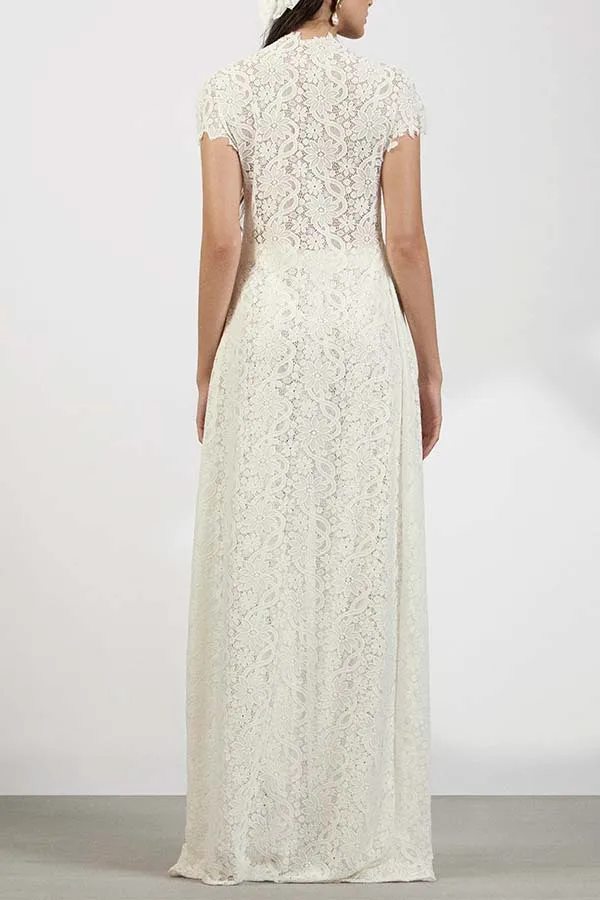 White Lace Embroidery Pant Suit Women Stand Neck Sleeveless Hollow-out Waist Cinching See Through Set Lady Summer Sheer Outfit