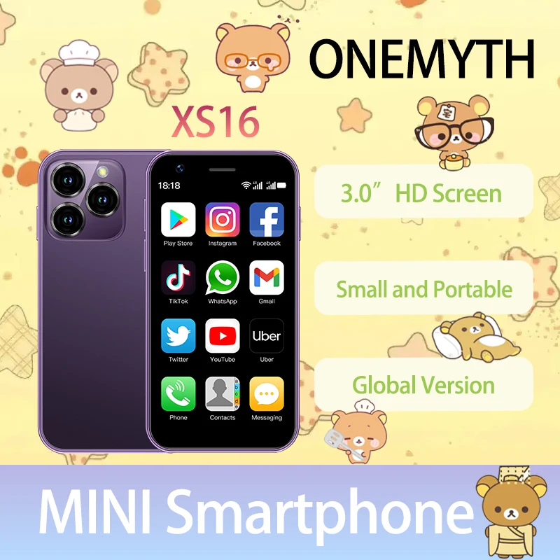 ONEMYTH XS16 Mini Smartphone 4G 3GB RAM 64GB ROM 3.0'' Dual SIM 5MP Mobile Phone Support Play Store & WhatsApp