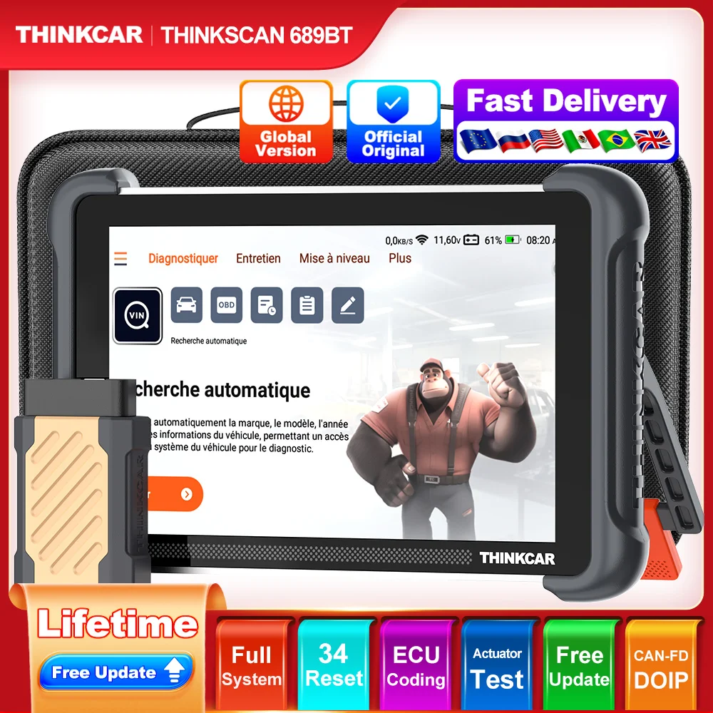 Global Version THINKSCAN 689BT Lifetime Free Auto OBD2 Scanner CANFD DOIP Full System Actuator Test 34 Reset Car Diagnostic Tool