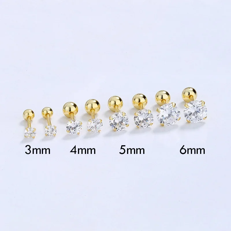 TrustDavis Real 925 Sterling Silver Fashion Shiny CZ 3/4/5/6mm Beads Screw Stud Earrings For Women Wedding Fine Jewelry DA2299