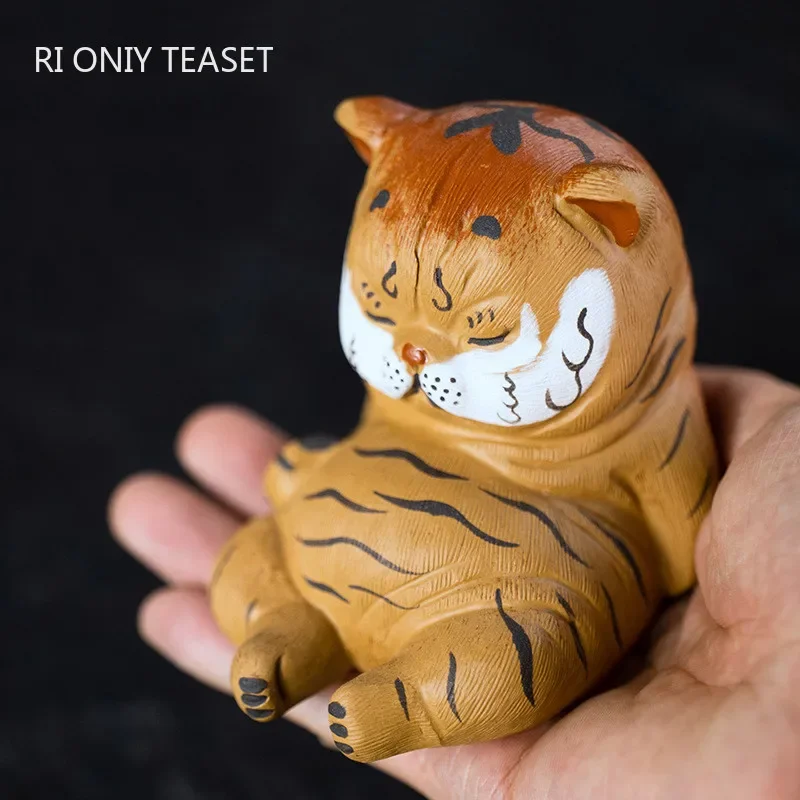 Yixing Handmade Sculpture Purple Clay Tea Pet Cute Tiger Statue Lucky Tea Figurine Ornaments Crafts Chinese Tea Set Decoration