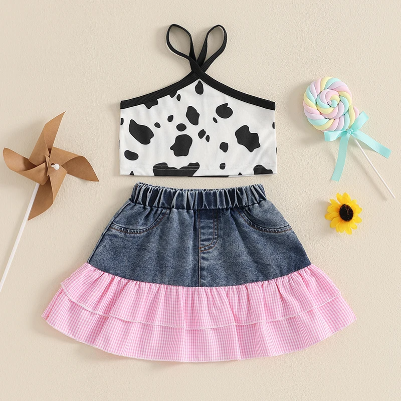 Toddler Girl Summer Outfits Sleeveless Tank Tops Plaid/Cow Pattern Ruffles Patchwork Denim Skirts 2Pcs Clothes Set