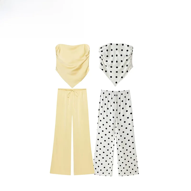 

Summer New Polka Dot Bow Tie Strapless Top And Pants Women's Fashion Set Polyester Fiber Regular Length Suitable for All Seasons