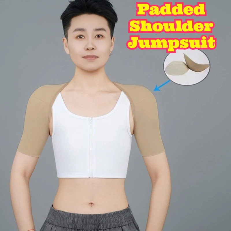 

Muscle Cosplay Short Sleeve Bodysuit Padded Shoulders Chest Binder Big Chest Minimizer Open Back Body Shaping Inverted Triangle