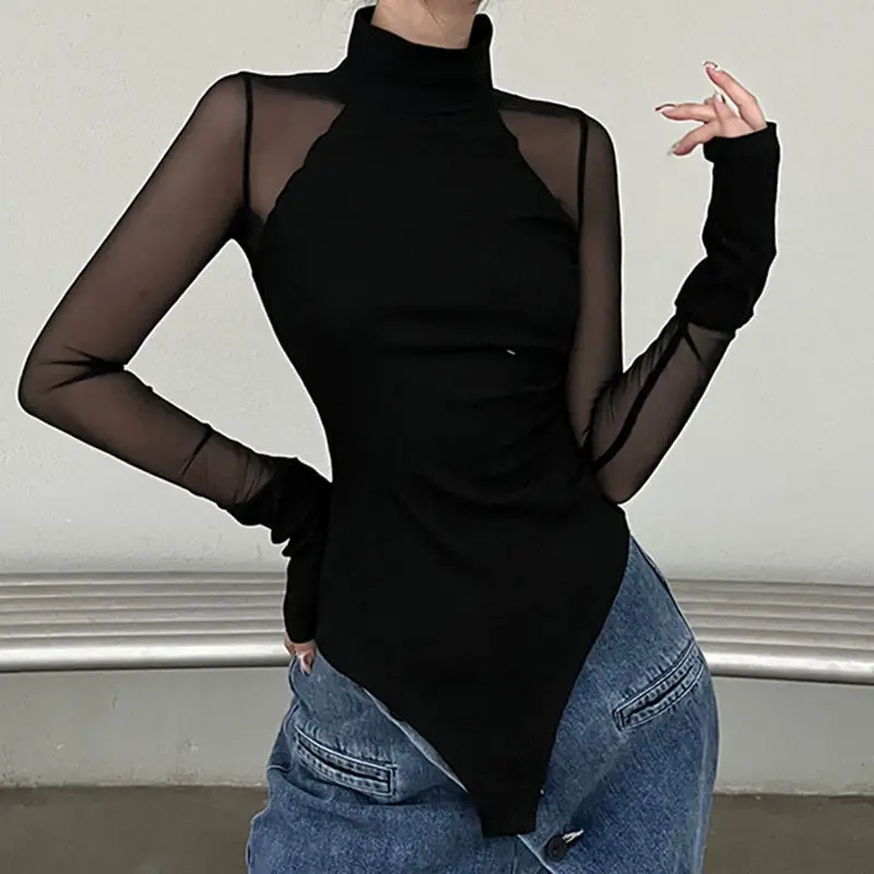 Long Sleeve Sexy Mesh Splice Back Slimming Southeast Asian Style Women's T-Shirt Pure Desire Fashion Thickened Winter Edition