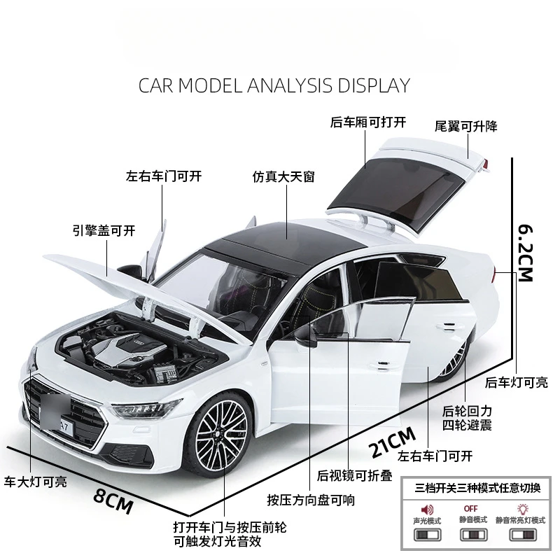 1:24 Audi A7 Toy Car Model Diecast Alloy Vehicle Miniature Pull Back Sound & Light Doors Openable Collection Gift For Boy Kid