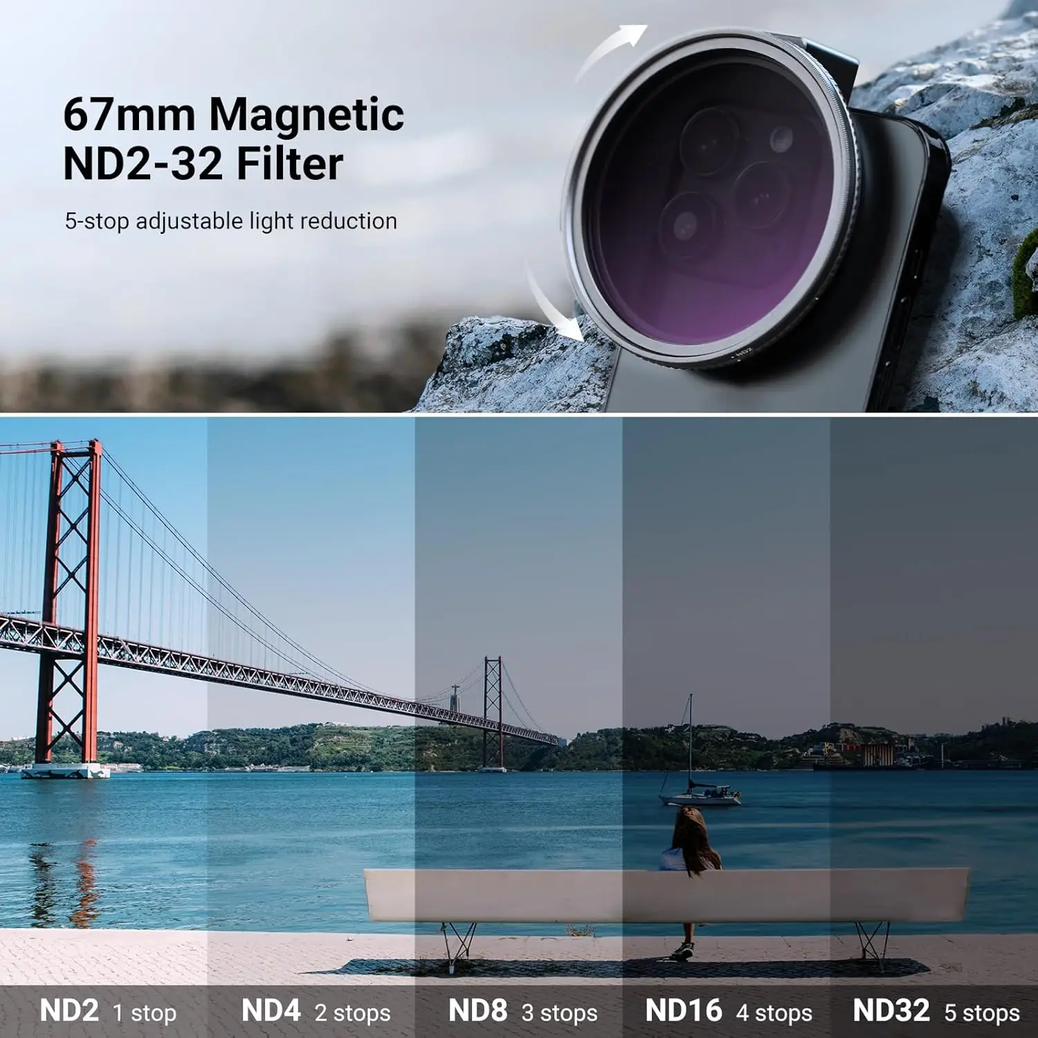 NEEWER 67mm Variable ND Filter & Threaded Phone Clip Set, Adjustable ND2-32 For iPhone 17 Pro Max Samsung S26 Ultra
